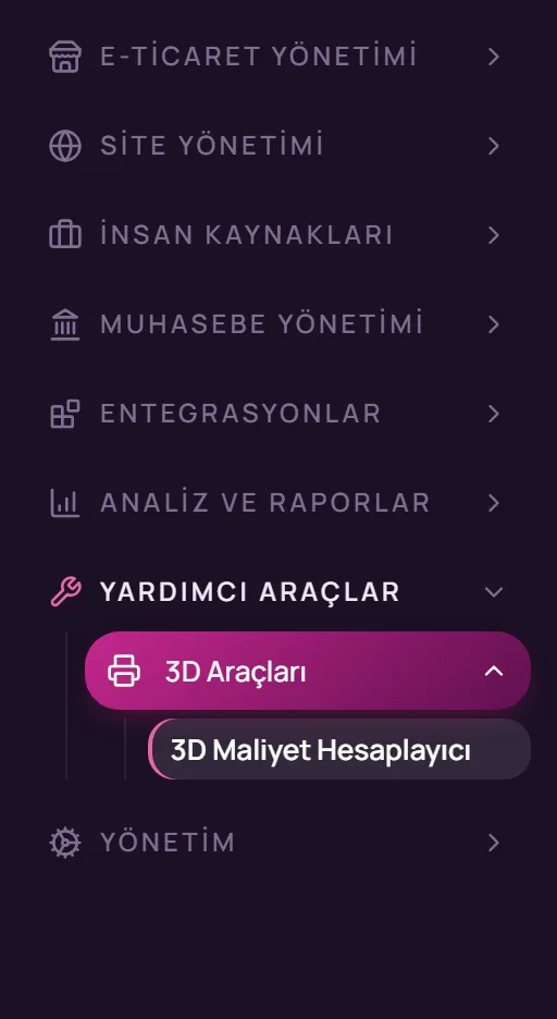 Sol menüde Yardımcı Araçlar, 3D Araçları, 3D Maliyet Hesaplayıcı seçimi