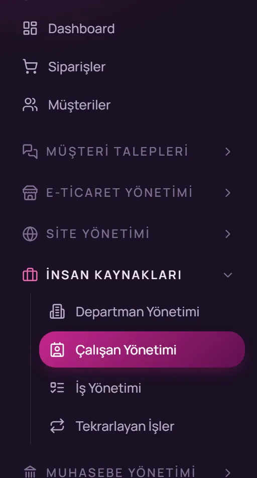 Sol menüde İnsan Kaynakları, Çalışan Yönetimi seçimi