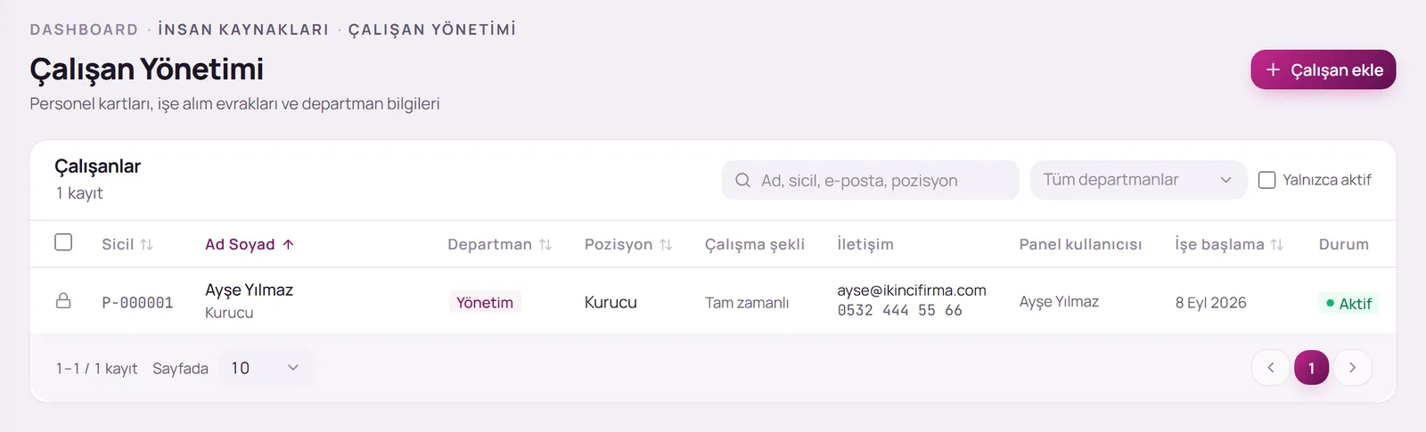 Çalışan Yönetimi sayfası ve Çalışan ekle düğmesi