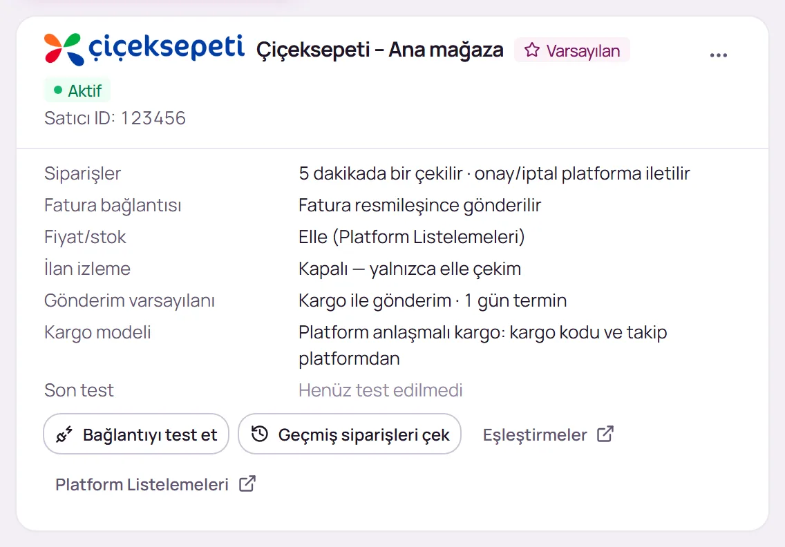 Kaydedilmiş Çiçeksepeti bağlantı kartı
