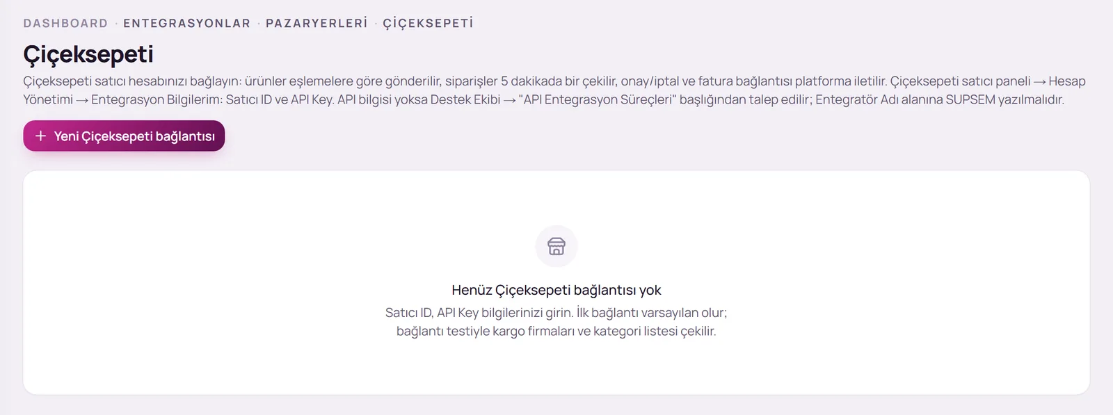 Çiçeksepeti sayfası ve Yeni Çiçeksepeti bağlantısı düğmesi