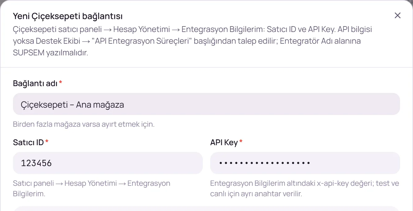 Bağlantı adı ve Çiçeksepeti mağaza bilgileri alanları