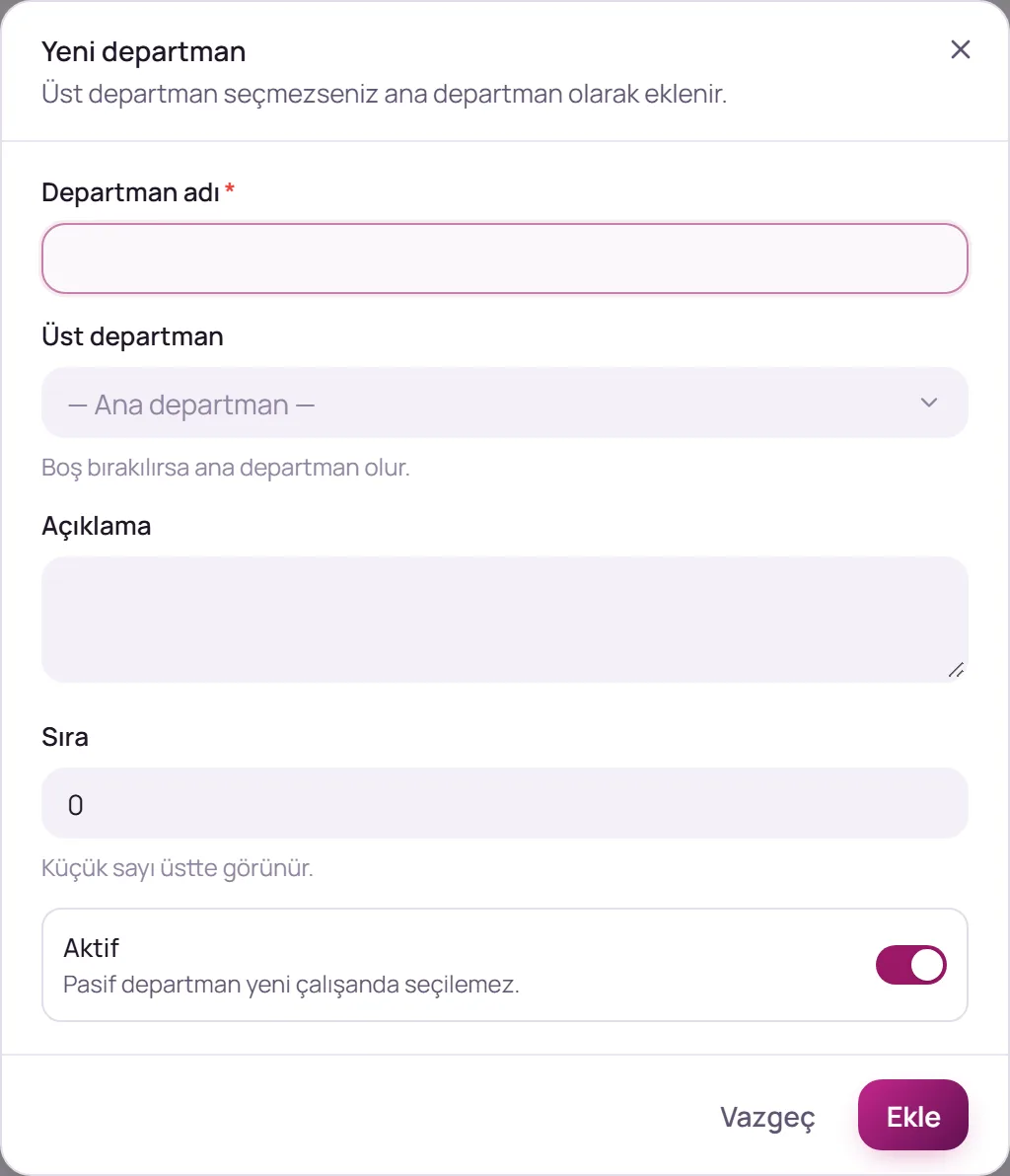 Yeni departman penceresi