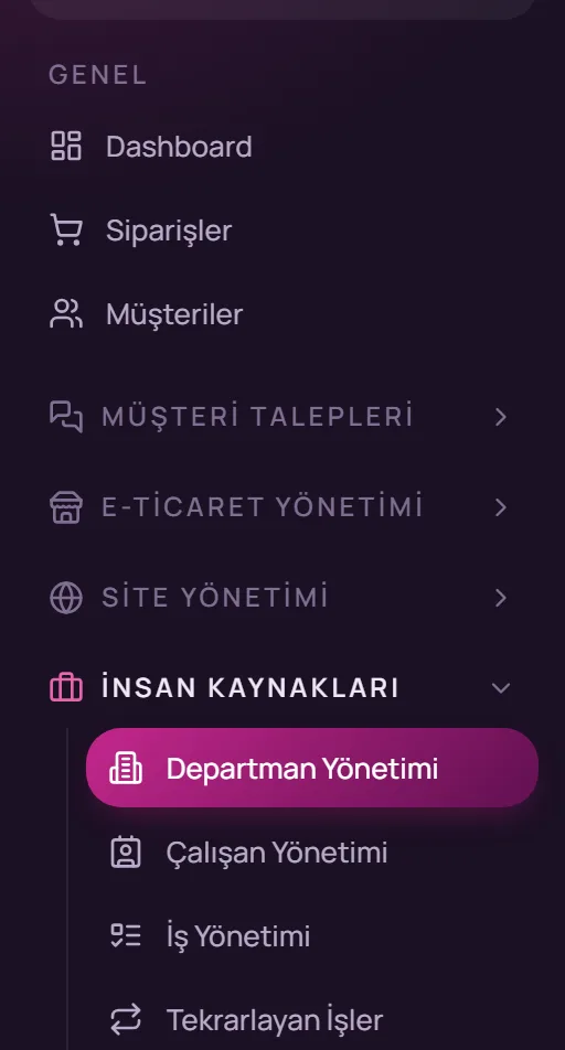Sol menüde İnsan Kaynakları, Departman Yönetimi seçimi