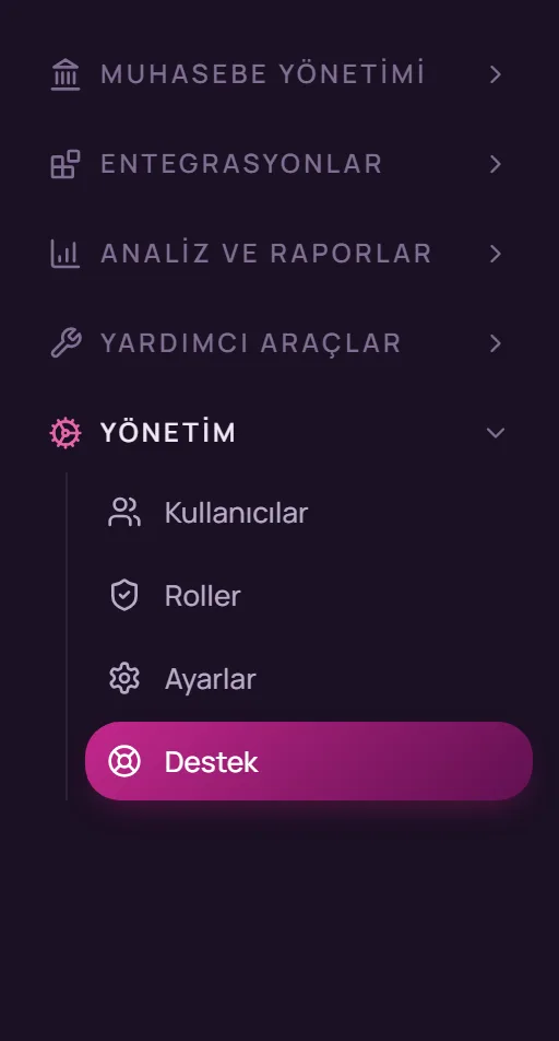 Sol menüde Yönetim, Destek seçimi