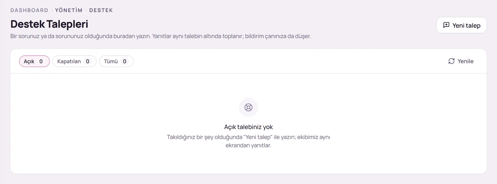 Destek Talepleri sayfası ve Yeni talep düğmesi