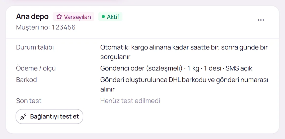 Kaydedilmiş DHL eCommerce bağlantı kartı
