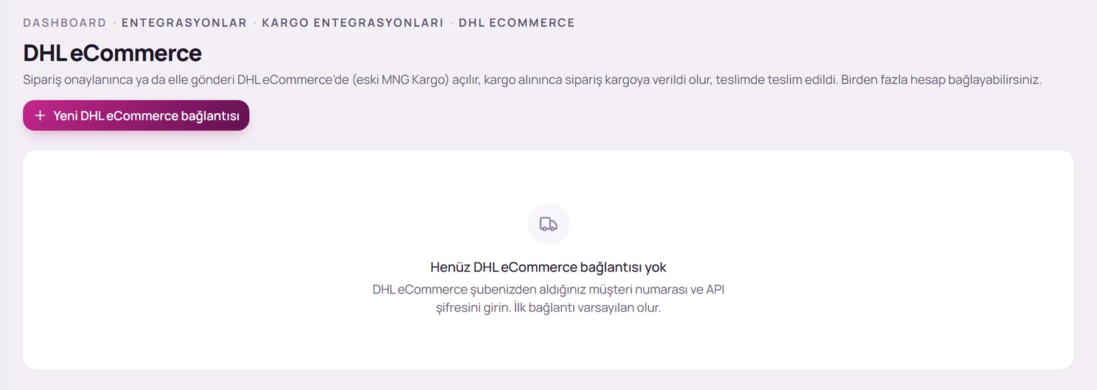 DHL eCommerce sayfası ve Yeni DHL eCommerce bağlantısı düğmesi