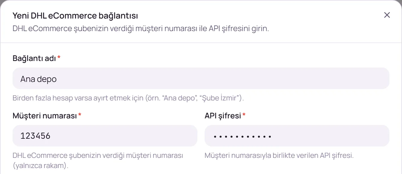 Bağlantı adı ve DHL eCommerce hesap bilgileri alanları