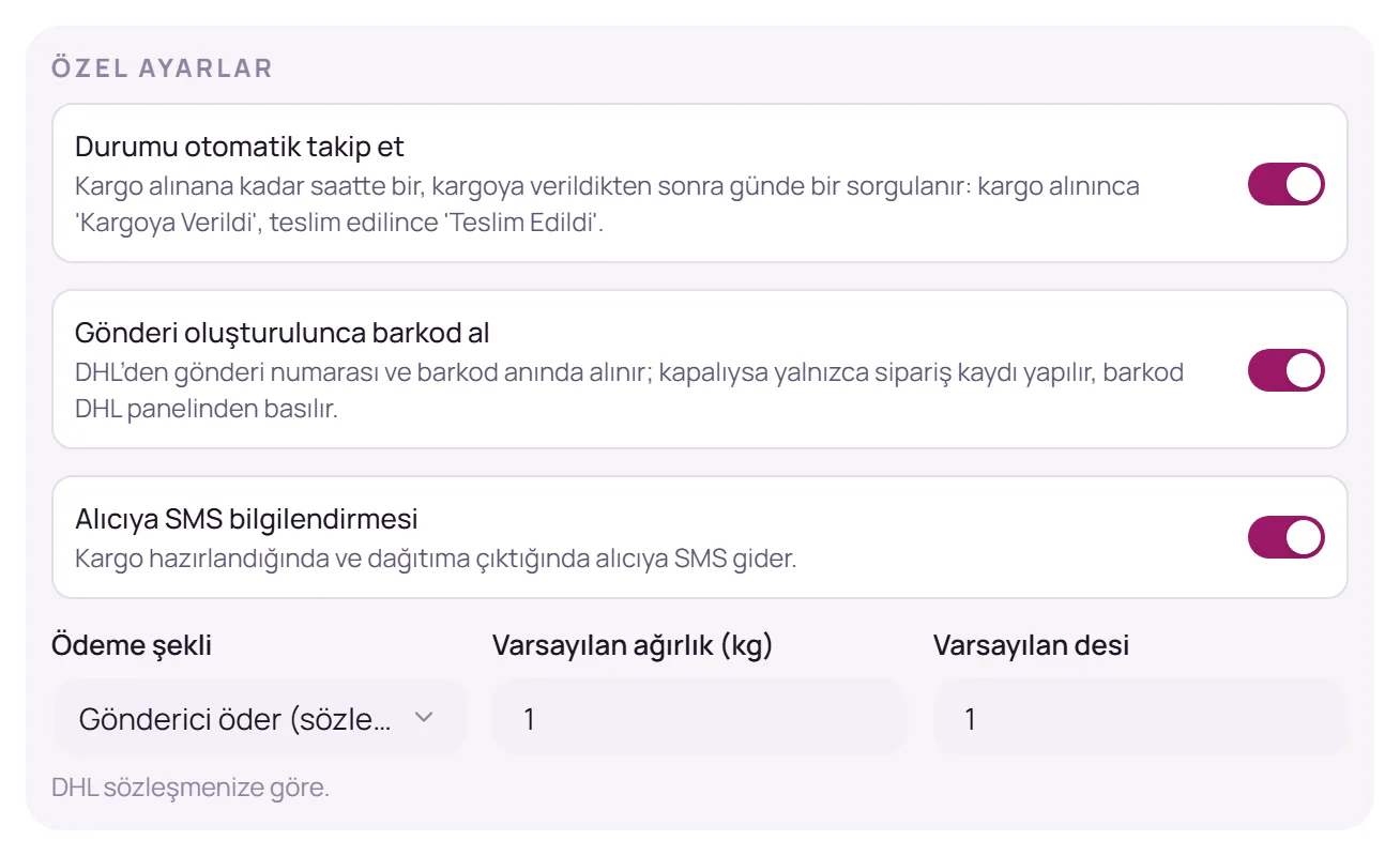 Özel ayarlar bölümü