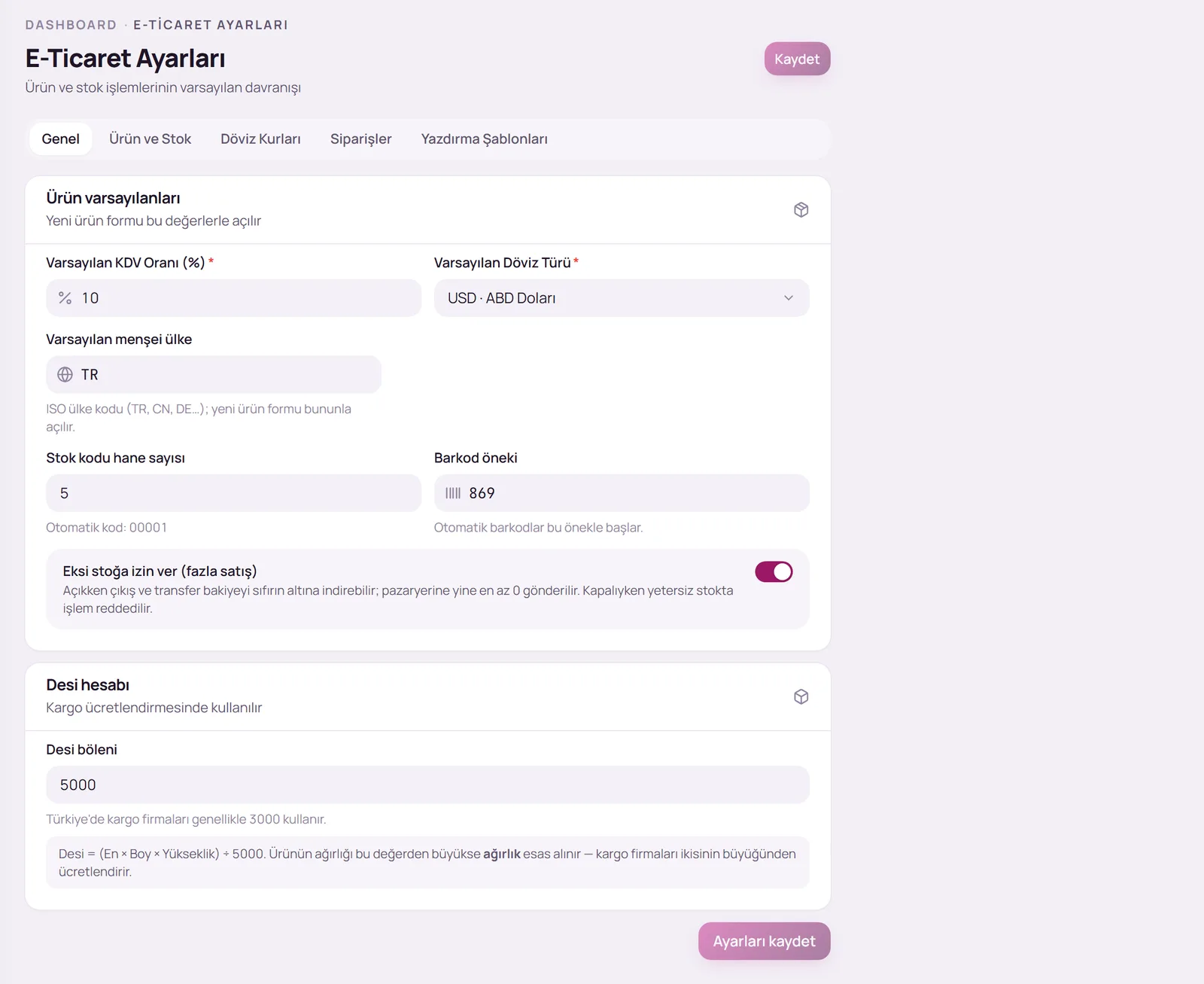 E-Ticaret Ayarları sayfası