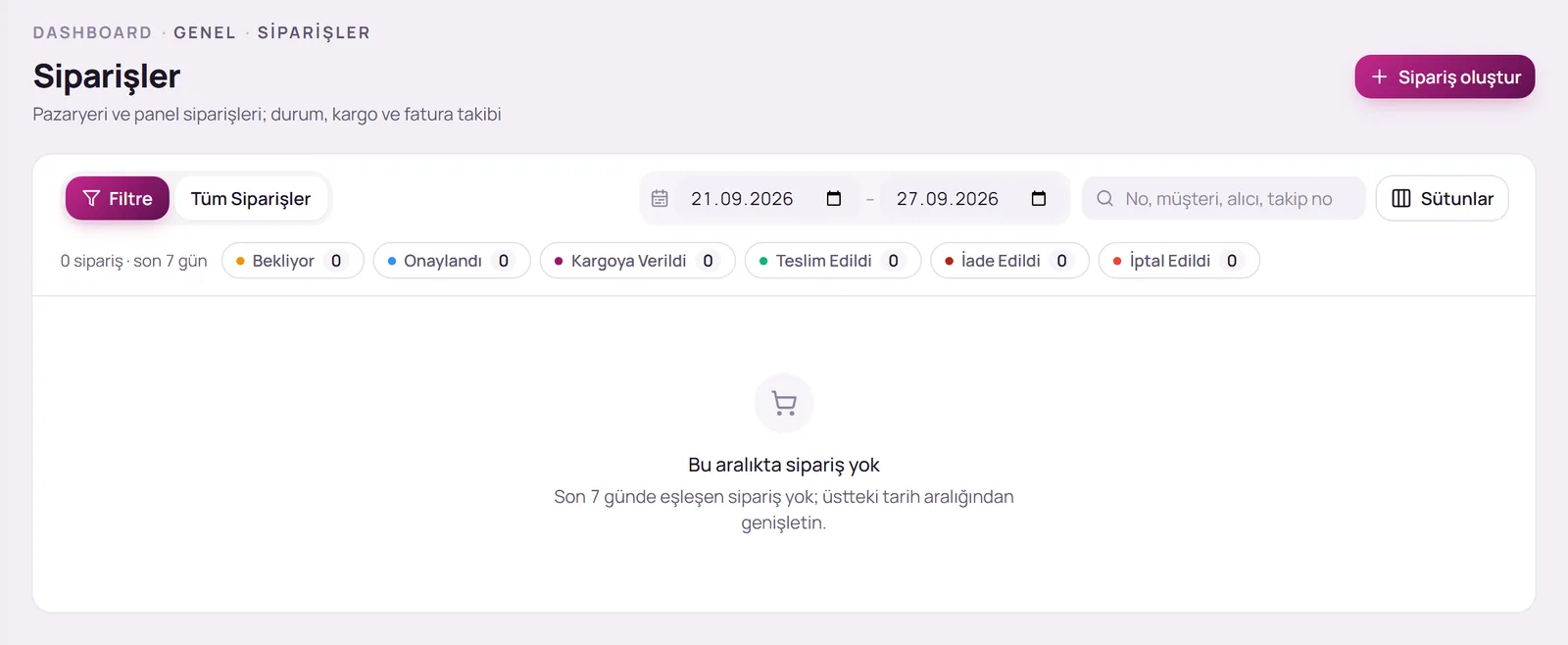 Siparişler sayfası ve Sipariş oluştur düğmesi