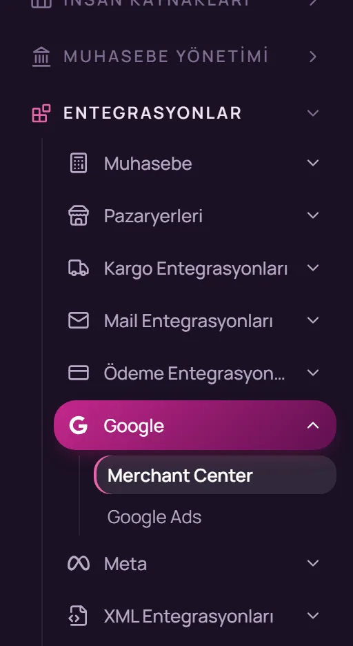 Sol menüde Google ve Merchant Center seçimi