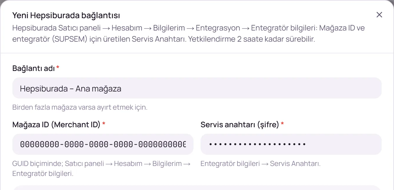 Bağlantı adı ve Hepsiburada mağaza bilgileri alanları