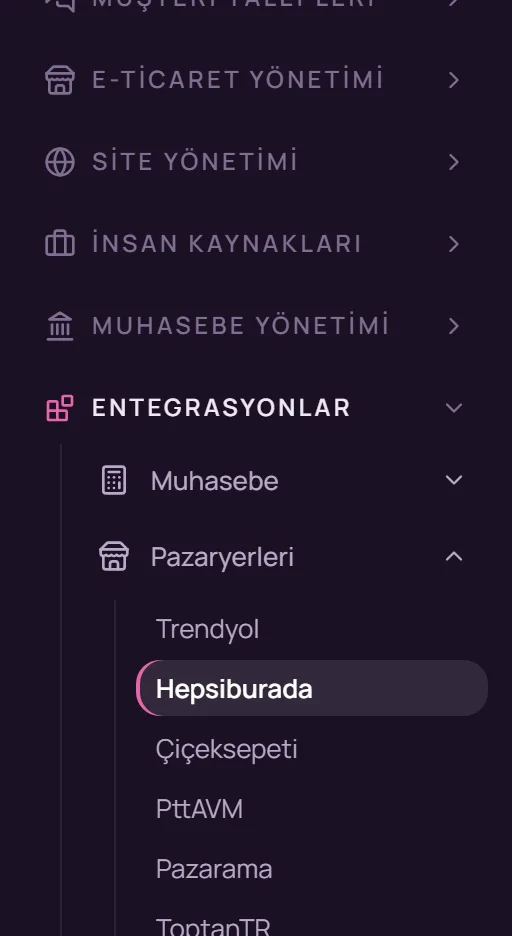 Sol menüde Entegrasyonlar, Pazaryerleri ve Hepsiburada seçimi