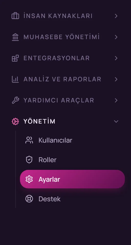 Sol menüde Yönetim, Ayarlar seçimi
