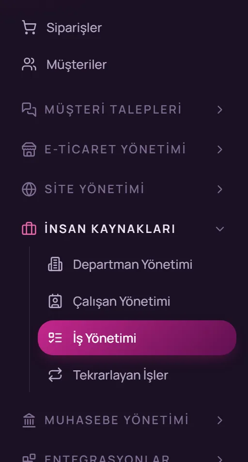 Sol menüde İnsan Kaynakları, İş Yönetimi seçimi
