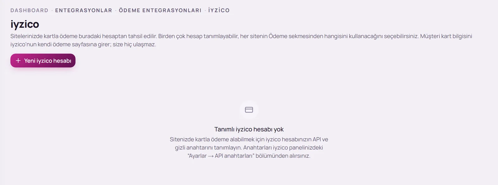 iyzico sayfası ve Yeni iyzico hesabı düğmesi