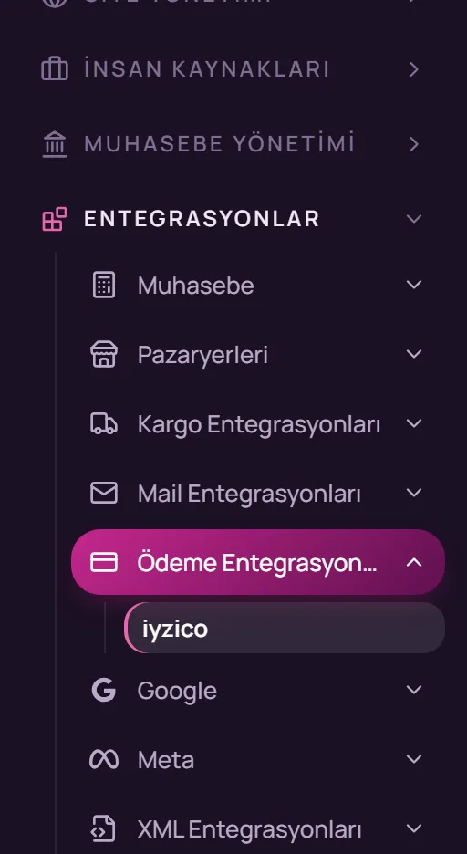 Sol menüde Entegrasyonlar, Ödeme Entegrasyonları ve iyzico seçimi