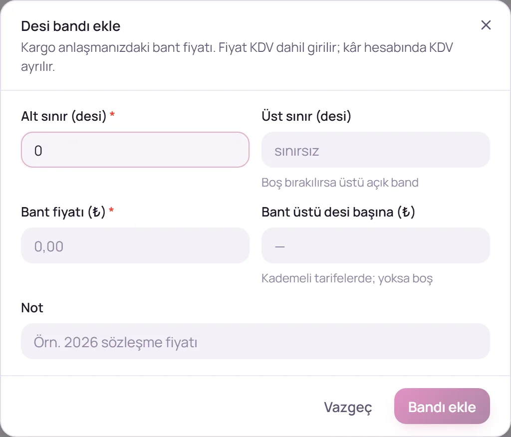 Desi bandı ekle penceresi