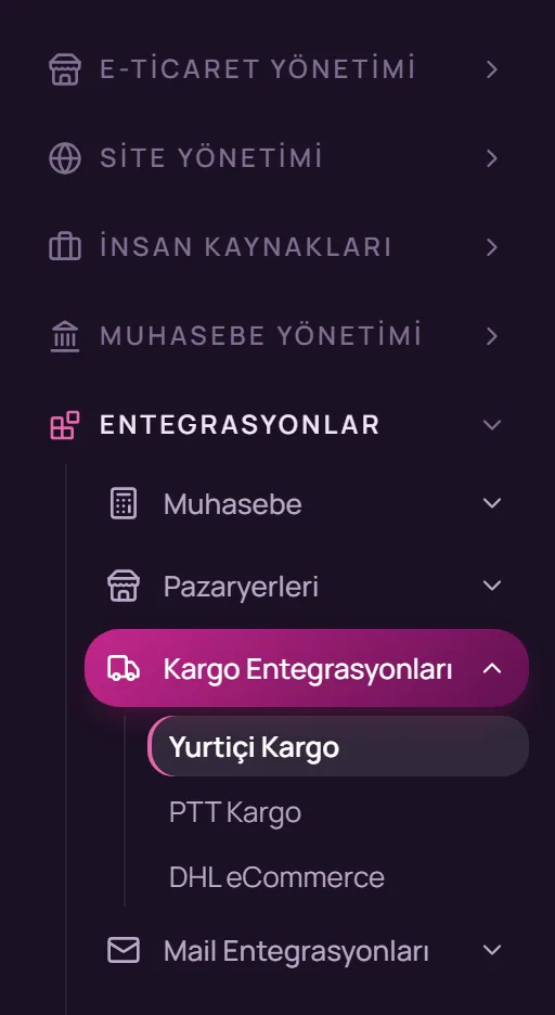 Sol menüde Entegrasyonlar, Kargo Entegrasyonları seçimi