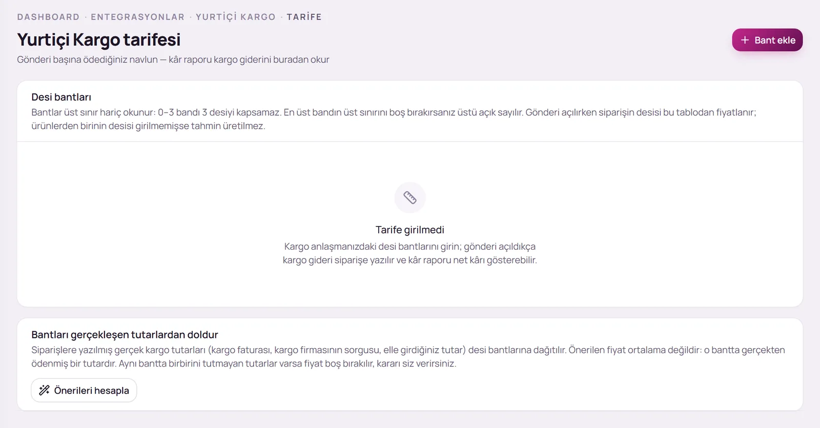 Kargo tarifesi sayfası
