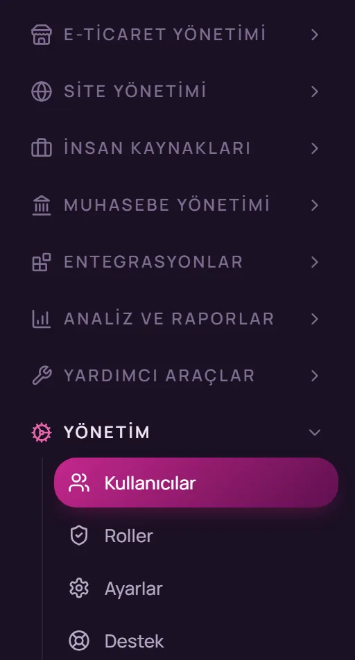 Sol menüde Yönetim, Kullanıcılar seçimi