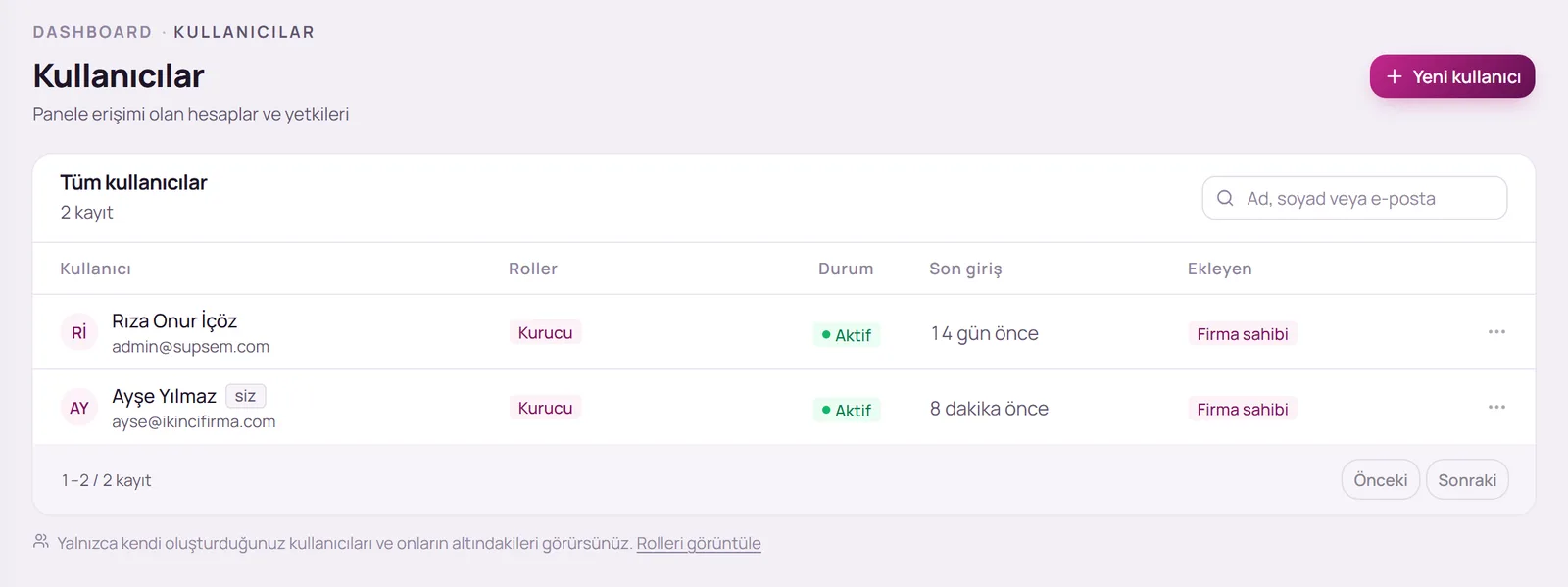 Kullanıcılar sayfası ve Yeni kullanıcı düğmesi