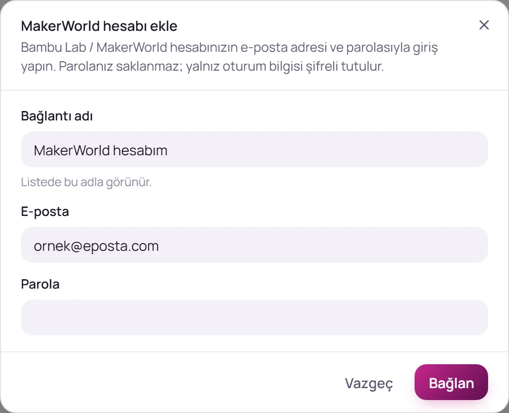 MakerWorld hesap ekleme formu