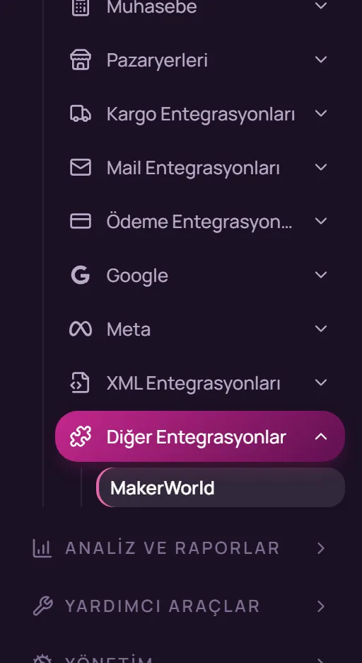 Sol menüde Diğer Entegrasyonlar ve MakerWorld seçimi
