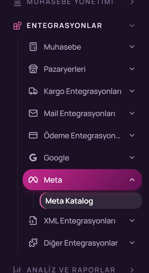 Sol menüde Meta ve Meta Katalog seçimi