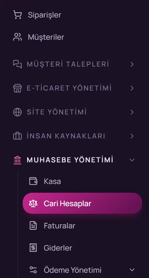 Sol menüde Muhasebe Yönetimi, Cari Hesaplar seçimi