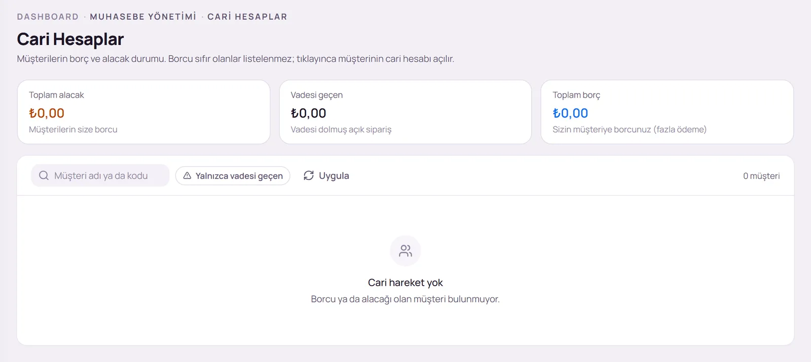 Cari Hesaplar sayfası ve özet kartları
