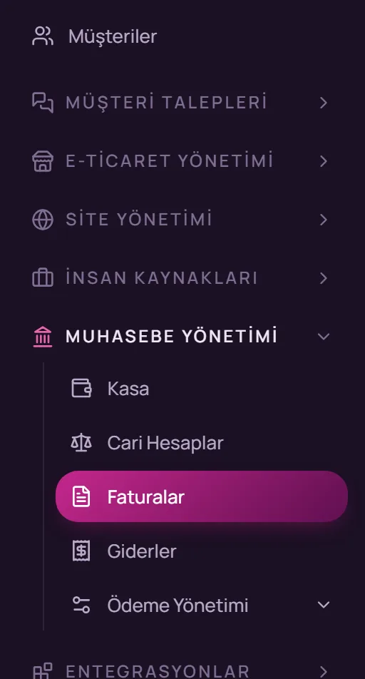 Sol menüde Muhasebe Yönetimi, Faturalar seçimi