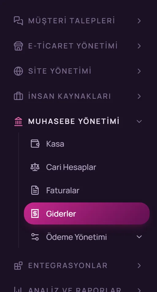 Sol menüde Muhasebe Yönetimi, Giderler seçimi