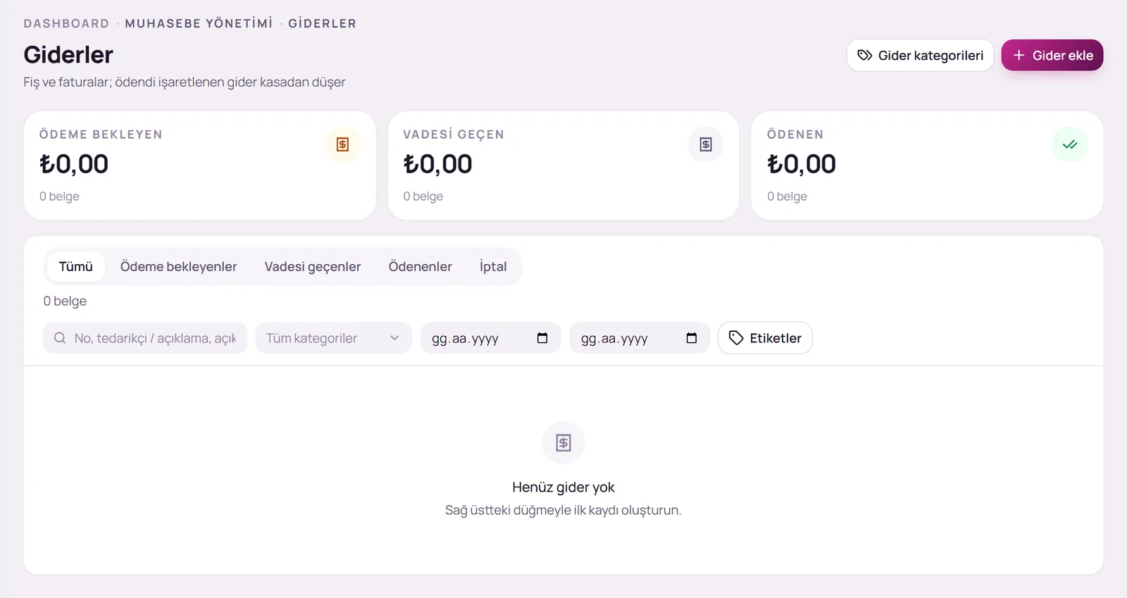 Giderler sayfası ve özet kartları