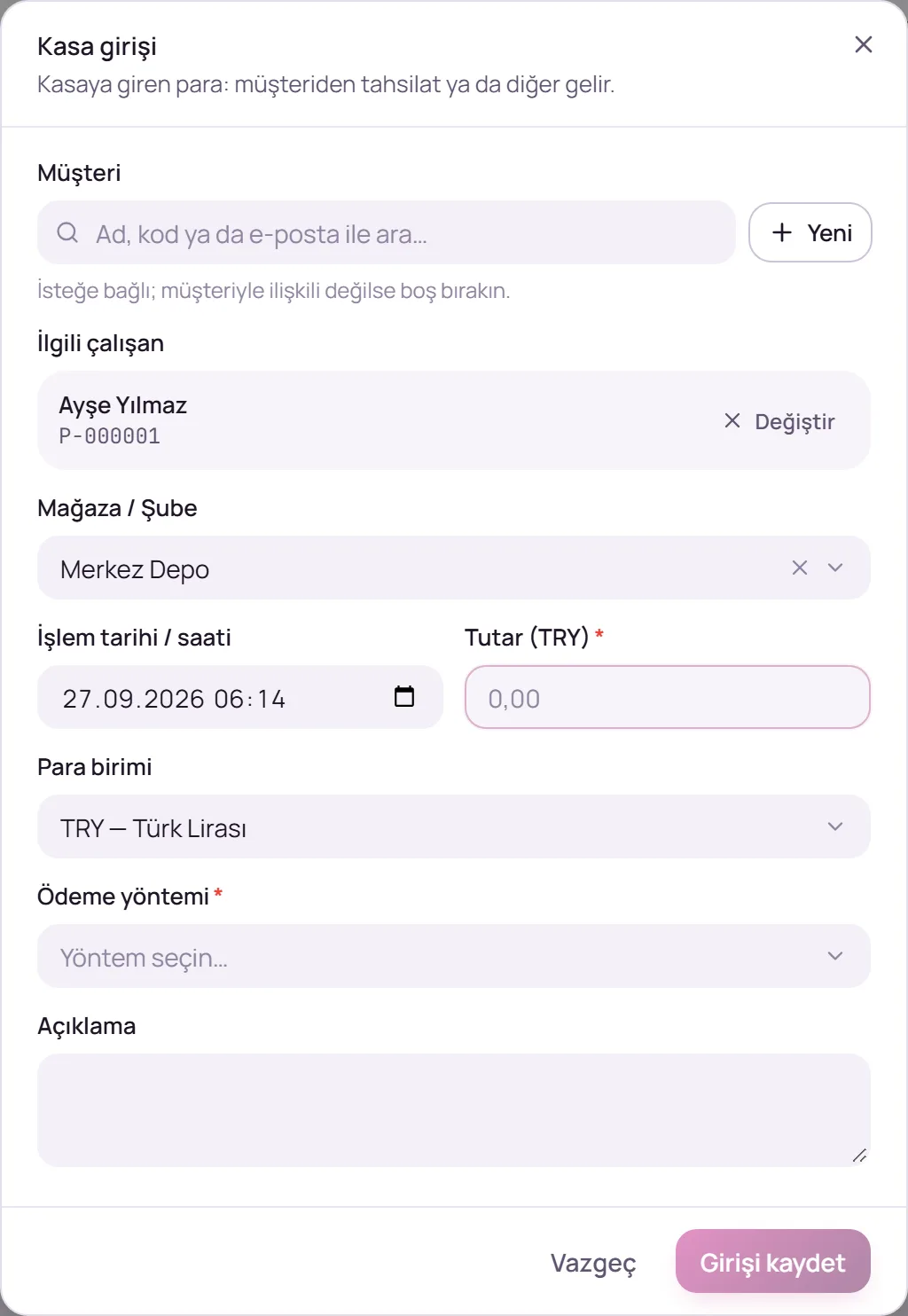Kasa girişi formu
