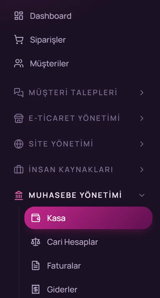 Sol menüde Muhasebe Yönetimi, Kasa seçimi