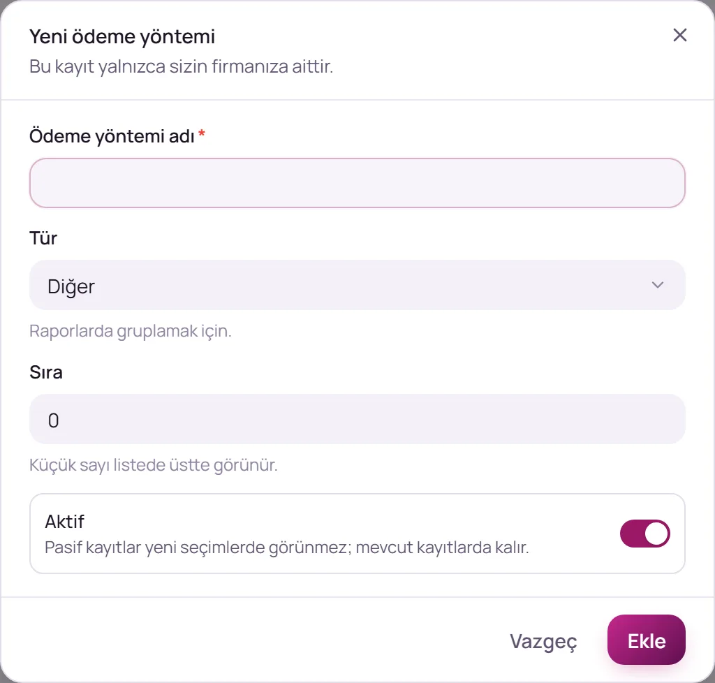 Yeni ödeme yöntemi formu