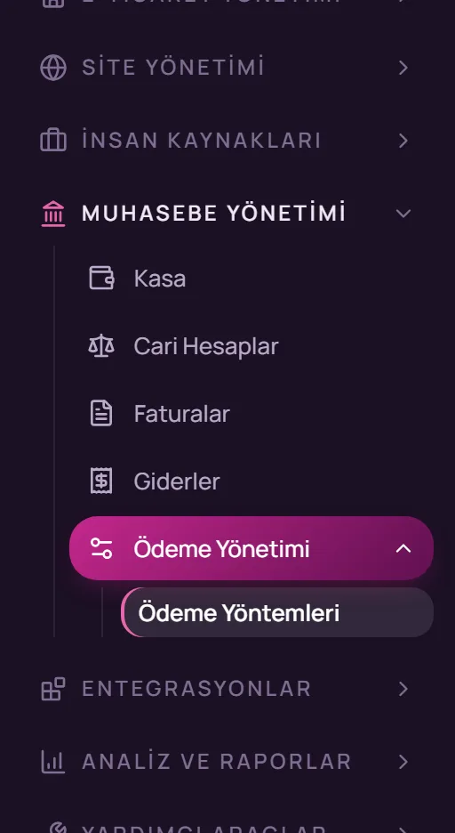 Sol menüde Muhasebe Yönetimi, Ödeme Yönetimi, Ödeme Yöntemleri seçimi