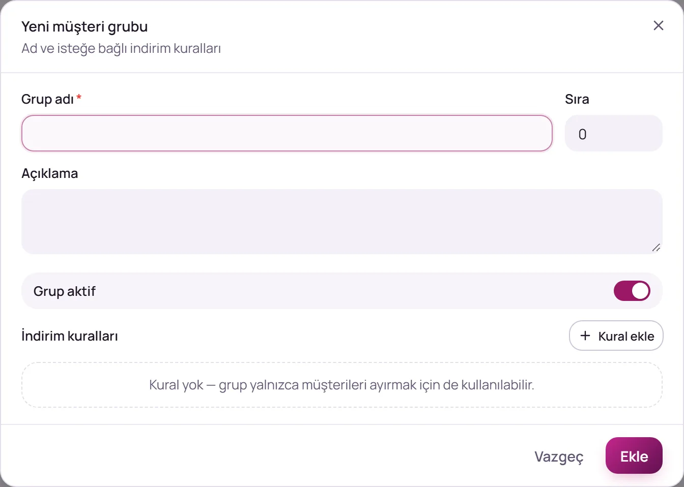 Yeni müşteri grubu penceresi