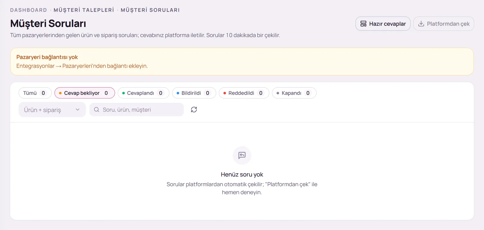 Müşteri Soruları sayfası