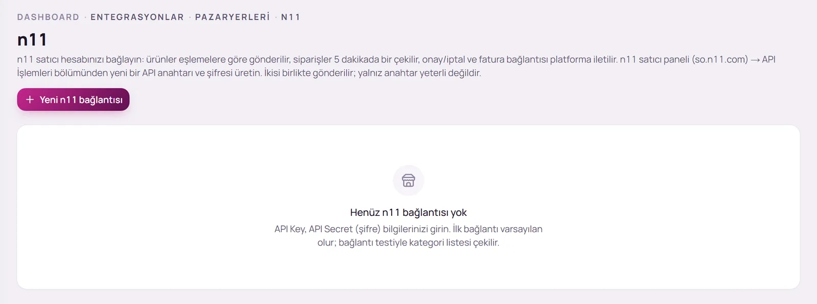 n11 sayfası ve Yeni n11 bağlantısı düğmesi