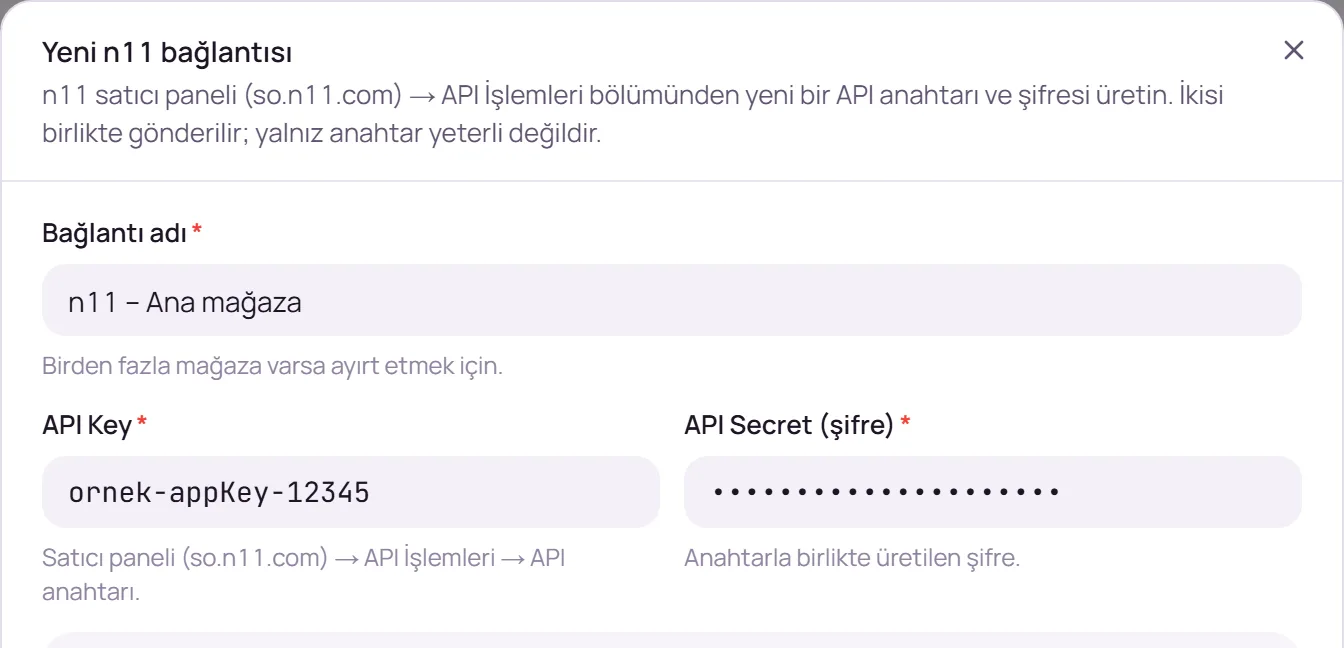 Bağlantı adı ve n11 mağaza bilgileri alanları
