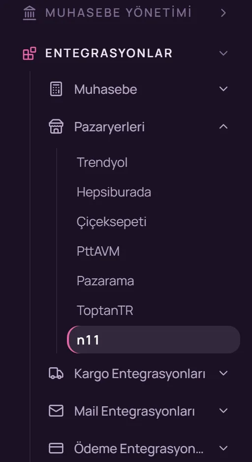 Sol menüde Entegrasyonlar, Pazaryerleri ve n11 seçimi