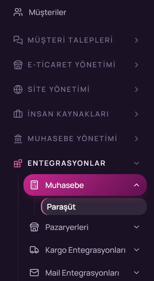 Sol menüde Entegrasyonlar, Muhasebe ve Paraşüt seçimi