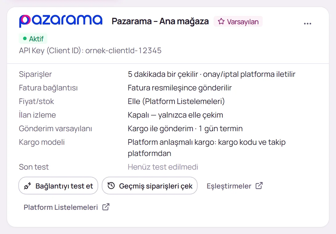 Kaydedilmiş Pazarama bağlantı kartı