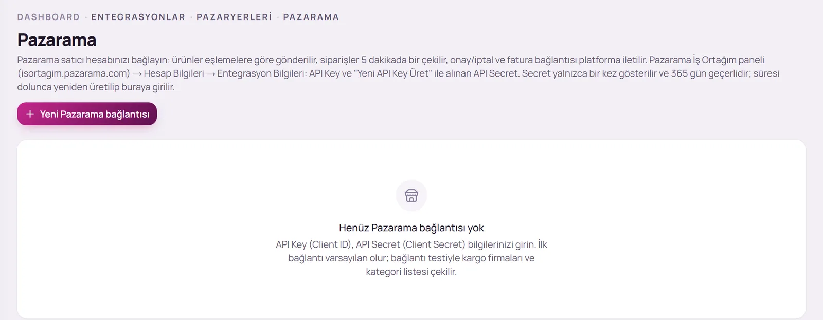 Pazarama sayfası ve Yeni Pazarama bağlantısı düğmesi