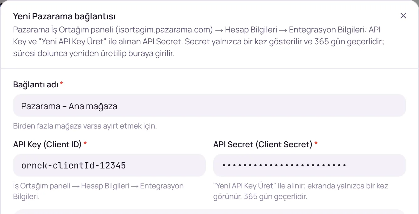 Bağlantı adı ve Pazarama mağaza bilgileri alanları