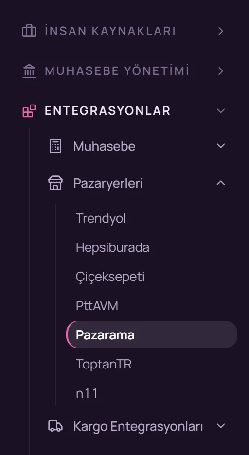 Sol menüde Entegrasyonlar, Pazaryerleri ve Pazarama seçimi